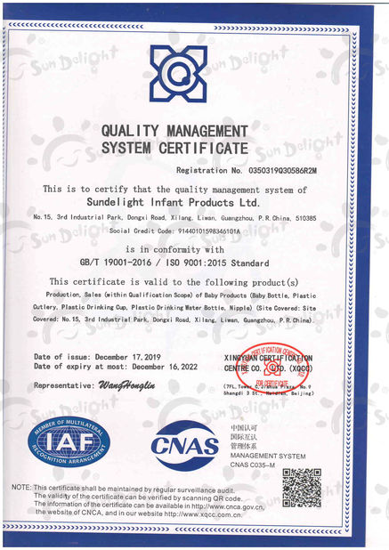 China Sundelight Infant products Ltd. Certificaten